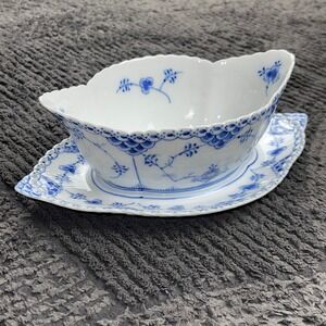 Royal Copenhagen Blue Fluted Full Lace Gravy Boat w/ Attached Underplate #1105